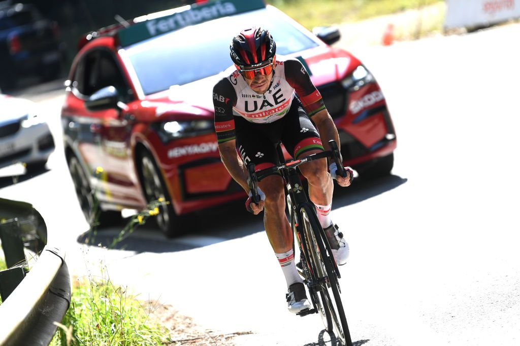 MOS SPAIN SEPTEMBER 04 Ryan Gibbons of South Africa and UAE Team Emirates competes in the breakaway during the 76th Tour of Spain 2021 Stage 20 a 2022km km stage from Sanxenxo to Mos Alto Castro de Herville 502m lavuelta LaVuelta21 on September 04 2021 in Mos Spain Photo by Tim de WaeleGetty Images
