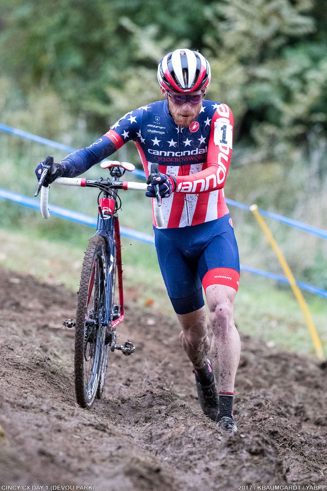 Hyde chooses to run a long muddy off-camber as the faster option.