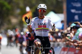 WILLUNGA HILL AUSTRALIA JANUARY 25 Jhonatan Narvaez of Ecuador and UAE Team Emirates Xrg celebrates at finish line as stage winner during the 25th Santos Tour Down Under 2025 Stage 5 a 1457km stage from McLaren Vale to Willunga Hill 371m UCIWT on January 25 2025 in Willunga Hill Australia Photo by Dario BelingheriGetty Images