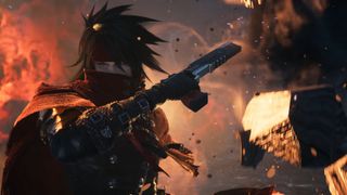 Final Fantasy 7 Revelation - Vincent Valentine holding a gun with fiery explosions in the background