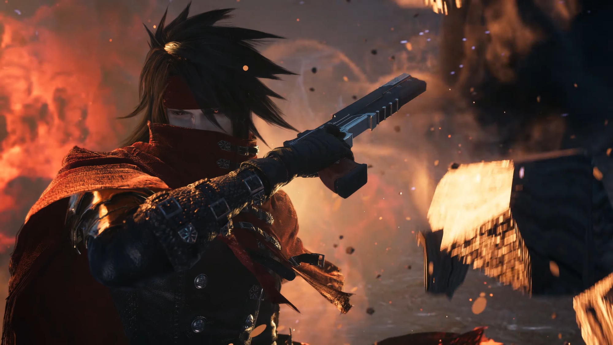 Final Fantasy 7 Revelation - Vincent Valentine holding a gun with fiery explosions in the background