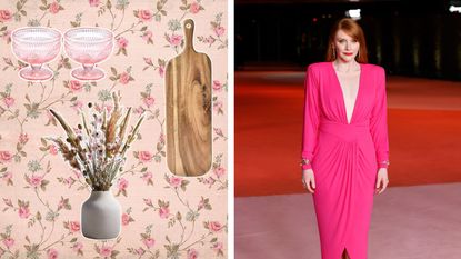 Bryce Dallas Howard in a bright pink dress next to floral pink background with vintage buys