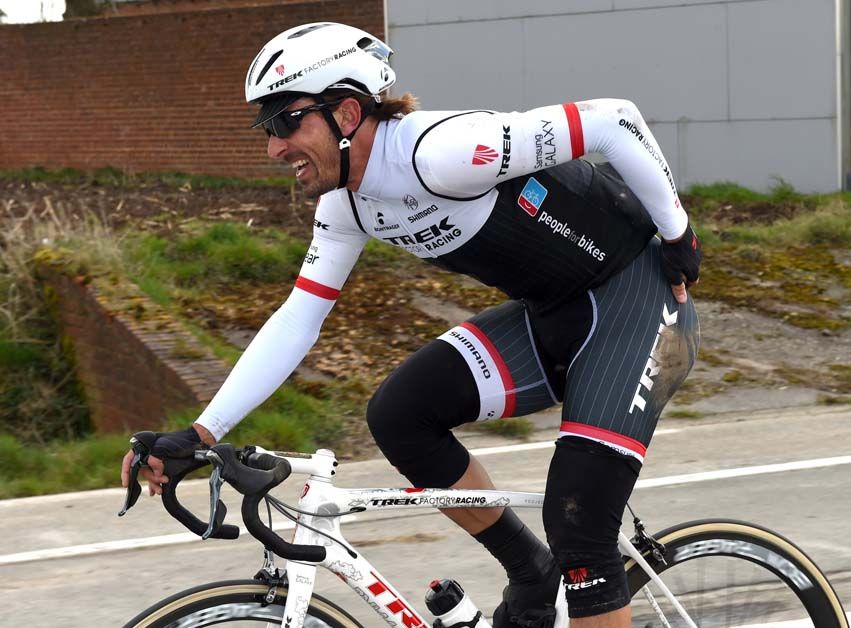 Fabian Cancellara tries to continue E3 Harelbeke after crashing heavily