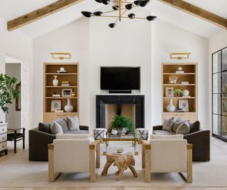 Modern organic living room with beams, woven rug, wooden chairs and plants