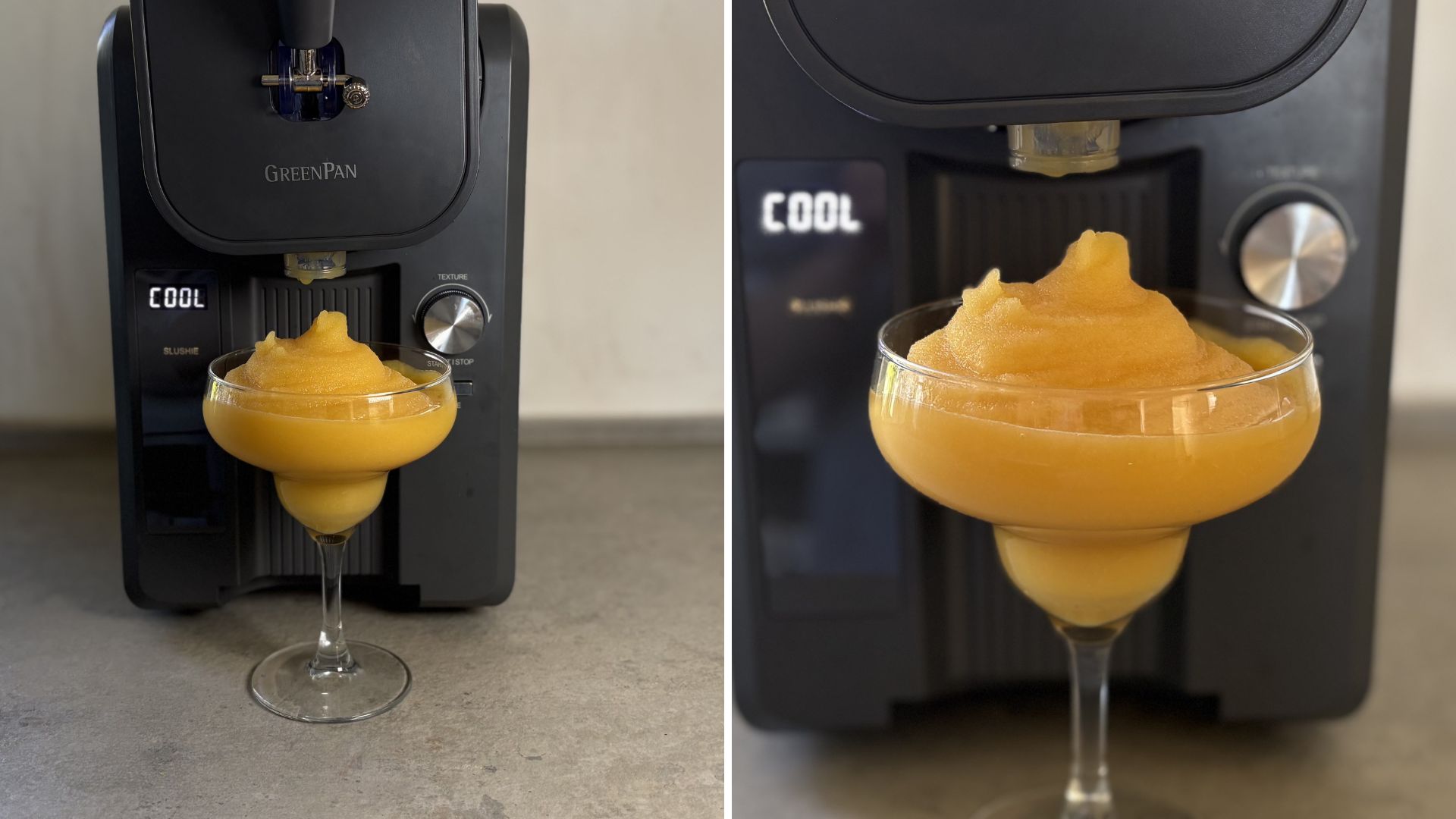 GreenPan Frost Ice Cream Maker and Slushie Machine on the counter having made mango sorbet