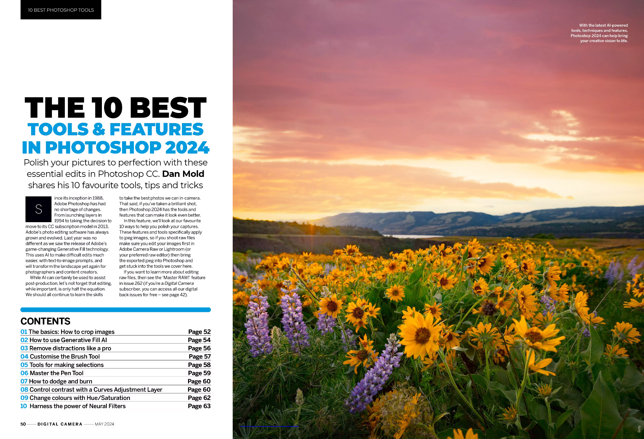 Opening two pages of Photoshop 2024 feature in issue 281 (May 2024) of Digital Camera magazine