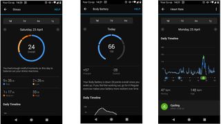3 skærmbilleder af data i Garmin Connect app indsamlet ved hjælp af Garmin Vivosmart 5 fitnesstracker