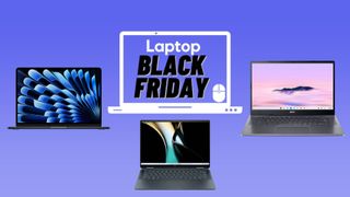 Black Friday laptop deals, MacBook Air M3, HP Spectre x360, and Acer Chromebook 515 against a blue gradient background