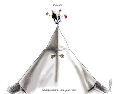 Editorial cartoon U.S. Charlottesville a year later KKK pinheads
