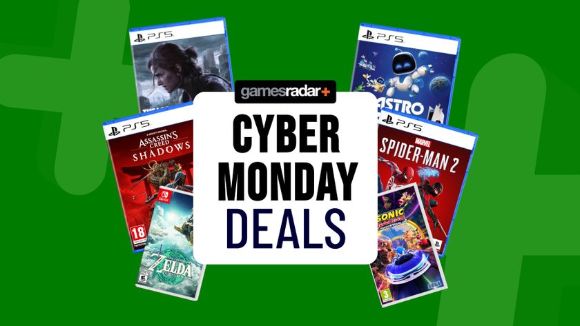 PS5 and Nintendo Switch games on a green background with Cyber Monday deals badge