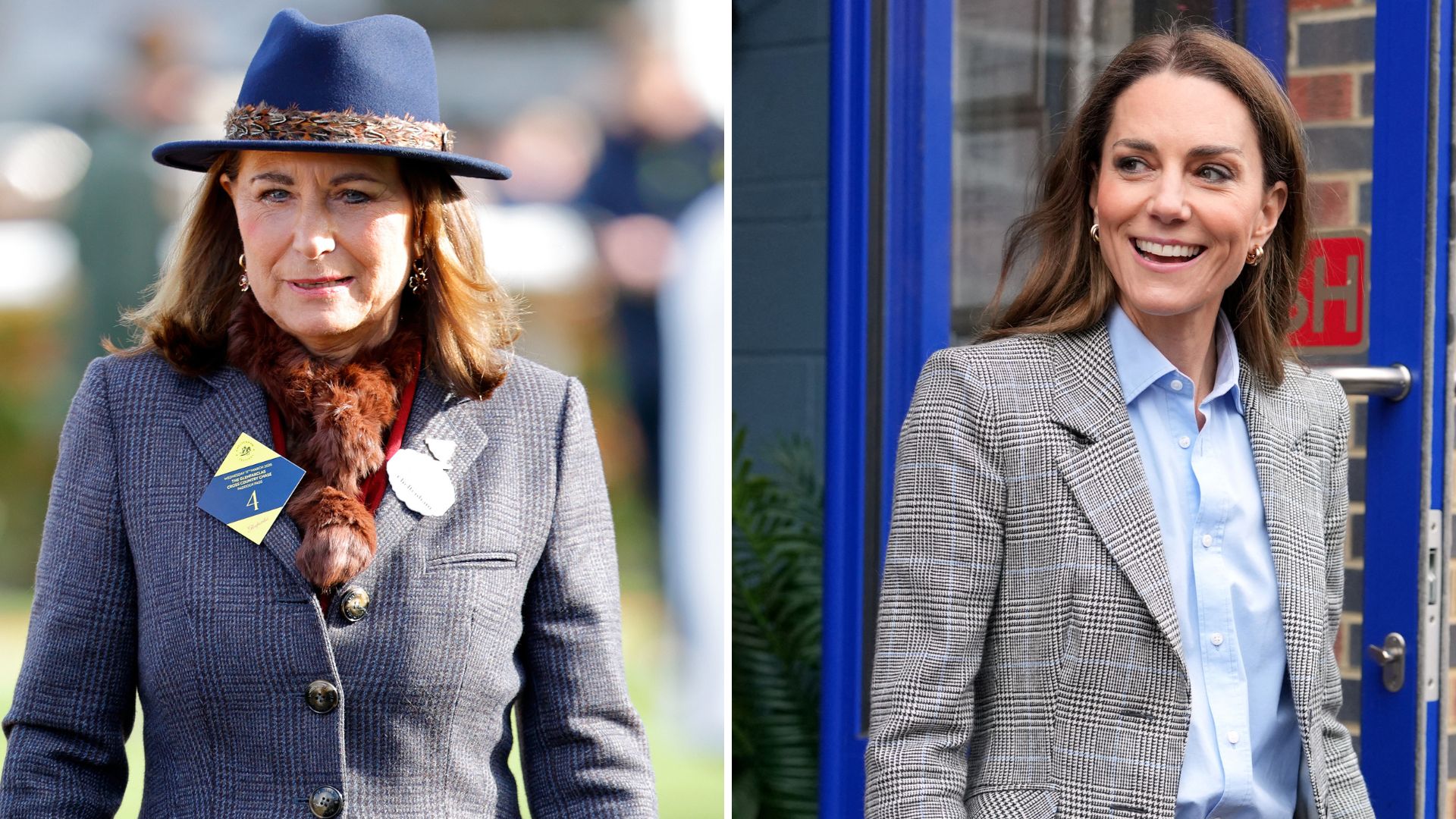 A composite of a picture of Carole Middleton at Cheltenham and a picture of Kate at an engagement on the same day in 2026