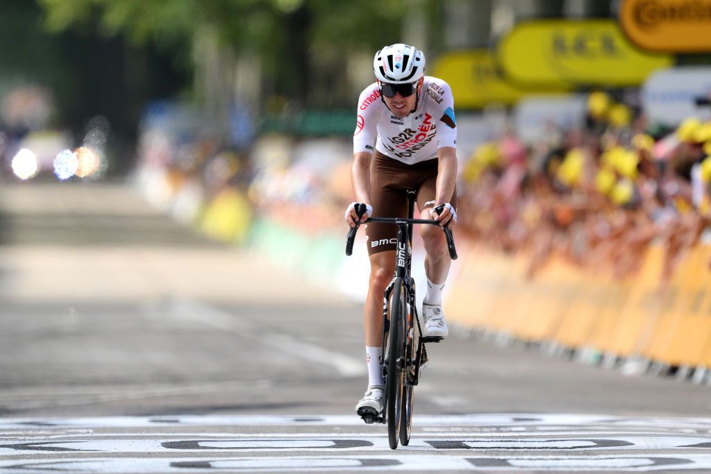 POLIGNY FRANCE JULY 21 Ben Oconnor of Australia and Ag2R Citron Team crosses the finish line during the stage nineteen of the 110th Tour de France 2023 a 1728km stage from MoiransenMontagne to Poligny UCIWT on July 21 2023 in Poligny France Photo by David RamosGetty Images