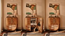 A trio of images of a burl bar cabinet with a sheen finish, sculptural handles and a marble ridged top with decorative items on top including a table lamp, bowl and cocktail shaker