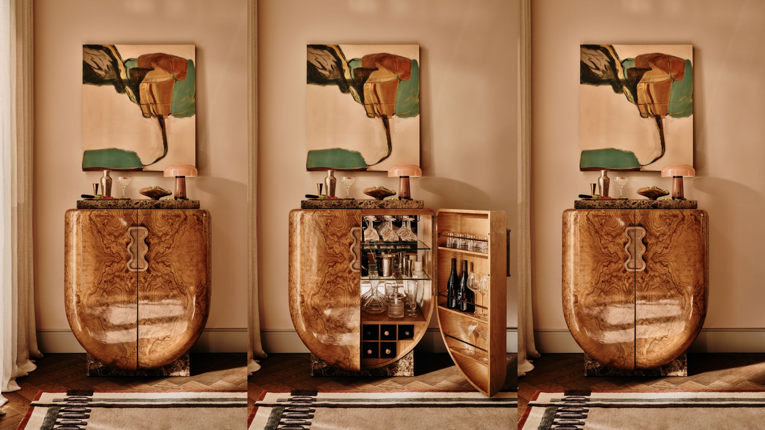 A trio of images of a burl bar cabinet with a sheen finish, sculptural handles and a marble ridged top with decorative items on top including a table lamp, bowl and cocktail shaker