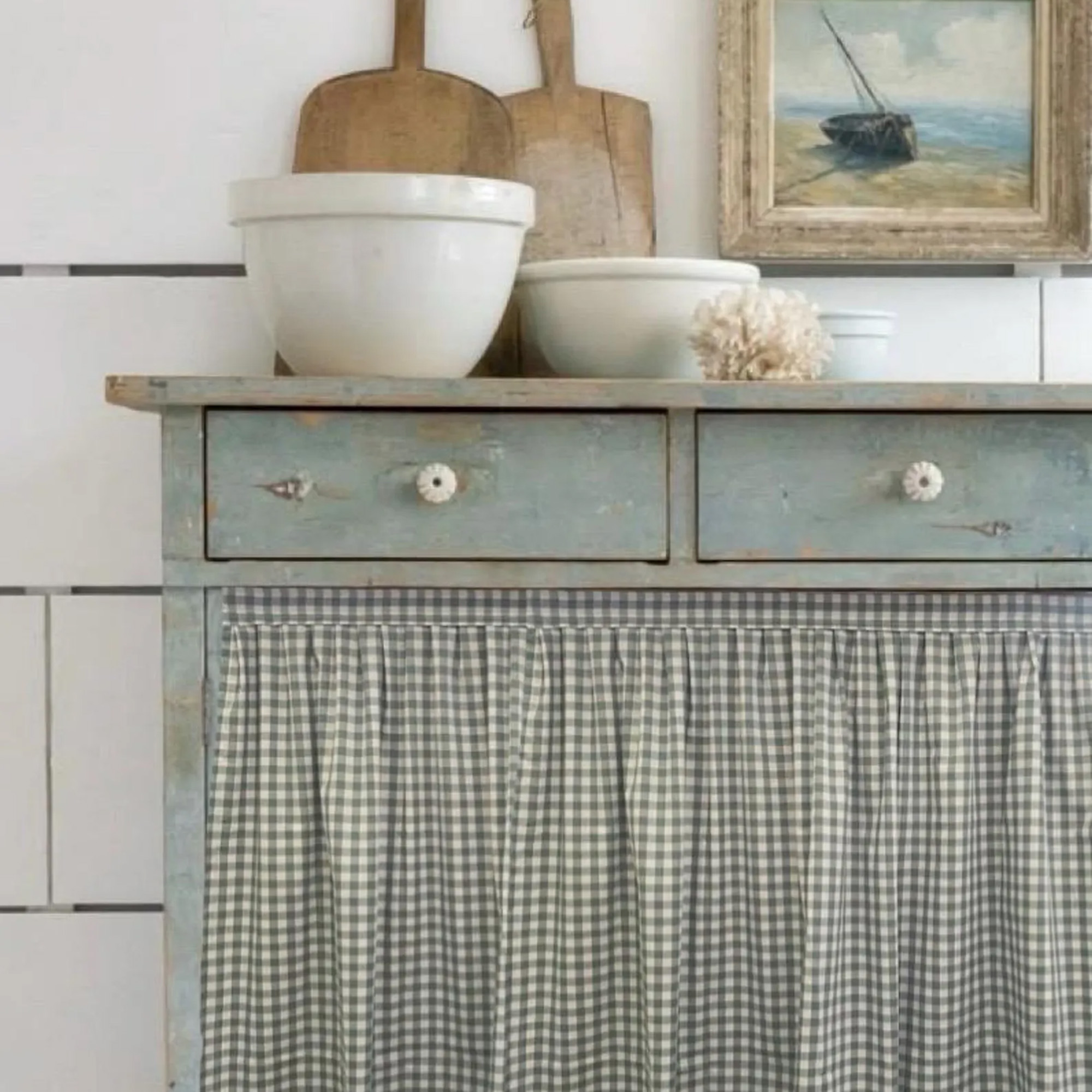checked gingham sink skirt on weathered blue unit with drawers 