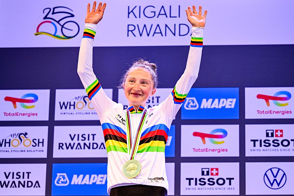 Canada Magdeleine Vallieres Mill celebrates on the podium after winning the elite women road race (164,6 km) at the cycling road World Championships in Kigali, Rwanda, Saturday 27 September 2025. The 2025 UCI Road World Championships take place from 21 to 28 September in Kigali, Rwanda. BELGA PHOTO DIRK WAEM (Photo by DIRK WAEM / BELGA MAG / Belga via AFP)