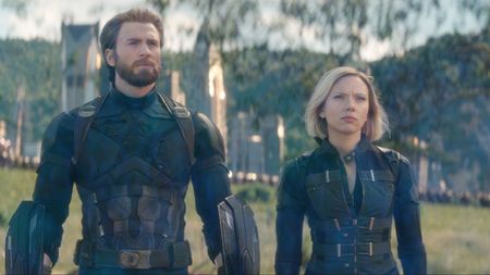 Captain America (Chris Evans) and Black Widow (Scarlett Johansson) during the Battle of Wakanda in Avengers: Infinity War