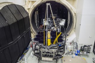 NASA's James Webb Space Telescope emerges from Chamber A at the Johnson Space Center in Houston on Dec. 1, 2017.