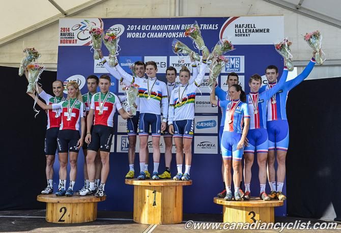 Team relay podium at the world championships: Swizterland (2nd), France (1st), Czech Republic (3rd)