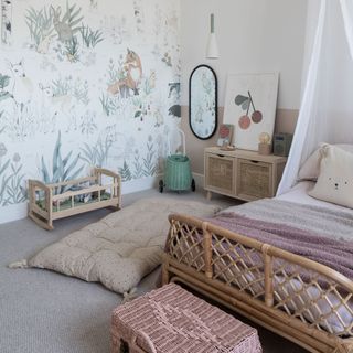 girls bedroom cane bedstead pretty forest animal wallpaper