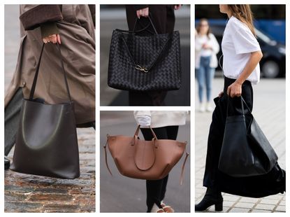 collage of fashion week attendees and street style models with leather tote bags 