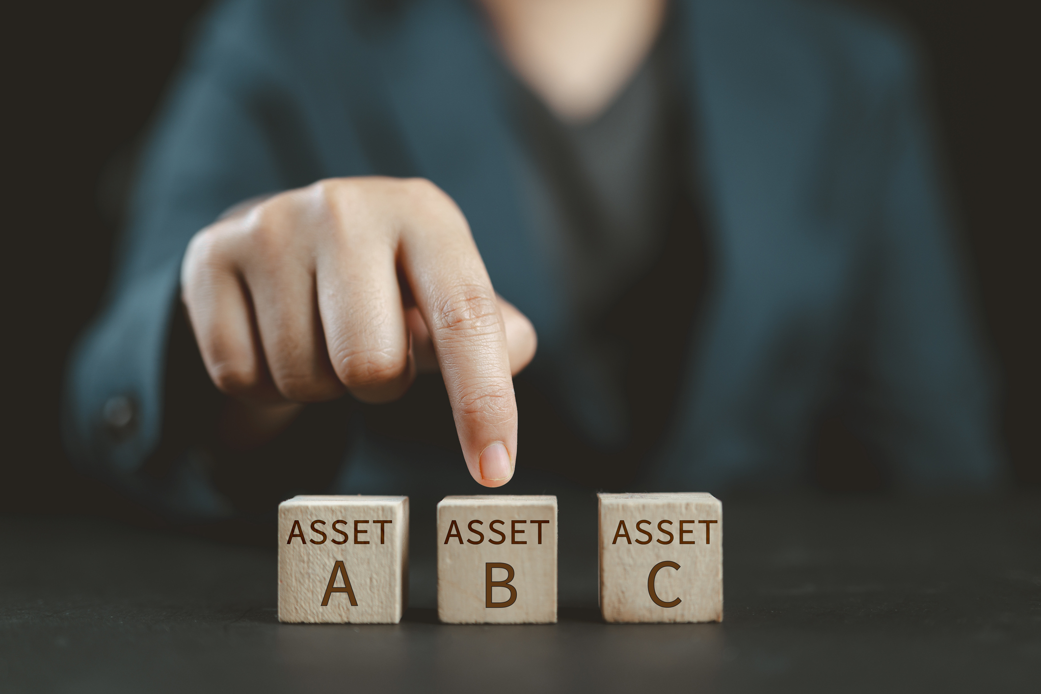 Investment allocation Assert A B C on wooden blocks