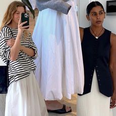 stylish collage of fashion influencers Brittany Bathgate, Johanna Lager and Monikh Dalein white skirt outfits