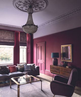 Purple living room, purple sofa and armchair