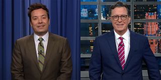 Jimmy Fallon and Stephen Colbert hosting The Tonight Show and The Late Show, respectively, to live audiences