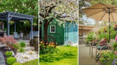 composite of a blue wooden pergola, blossom tree and beige parasol in garden