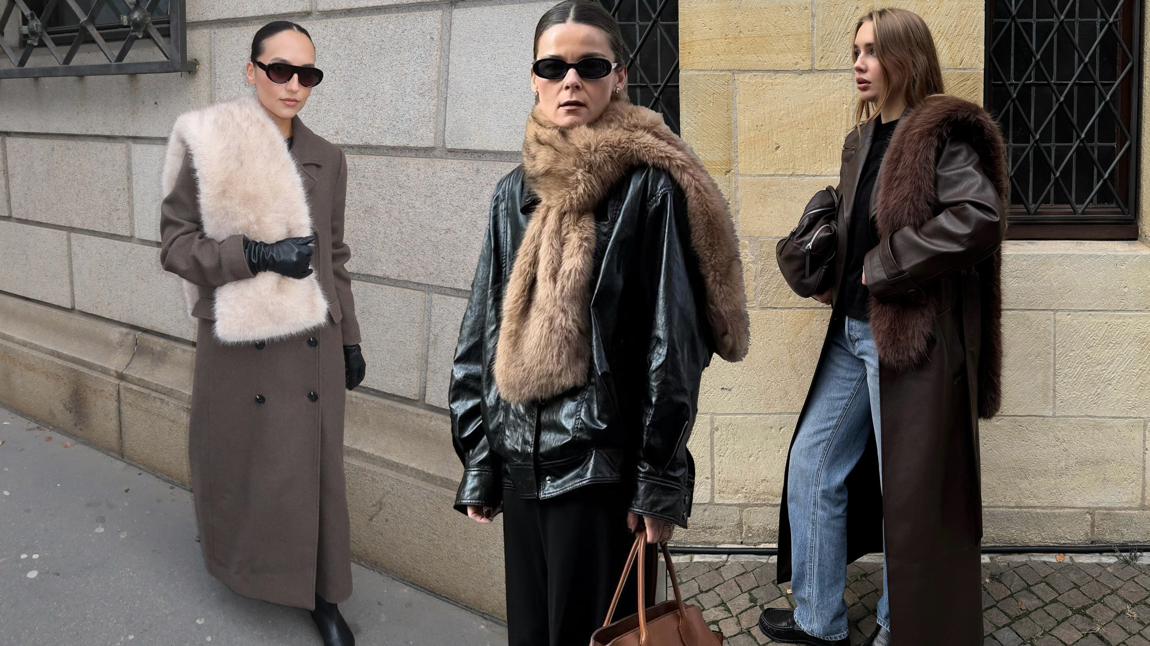 A collage of three women wearing fur scarf wrapped around their necks or shoulders and worn with coats and jeans or trousers.