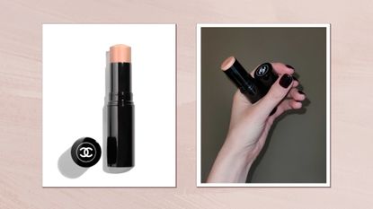 On the left, a product shot of the Chanel Baume Essential Multi-use Glow stick on a white background on the the right, a close-up of Digital Beauty Writer, Naomi Jamieson holding the Chanel glow-stick in the shade 'Moonlight kiss' in front of a dark green background/ in a pink template