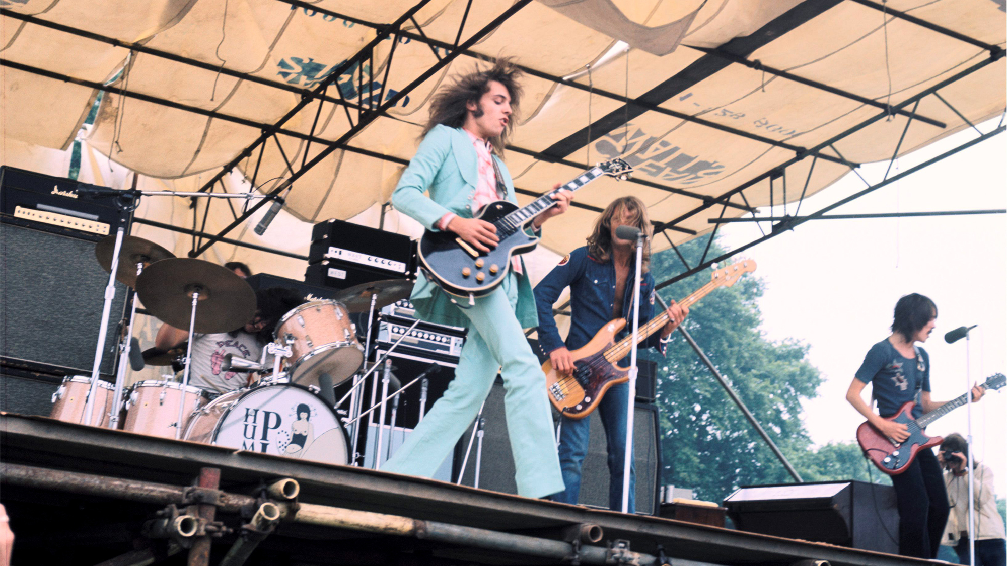 Humble Pie perform on stage at Hyde Park, London, 3rd July 1971, (from left) Jerry Shirley, Peter Frampton, Greg Ridley, Steve Marriott.