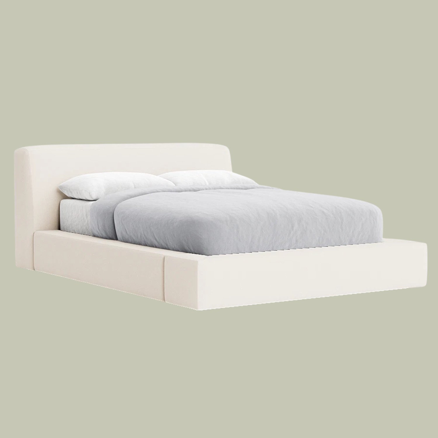 A king-size white bed with gray bedding