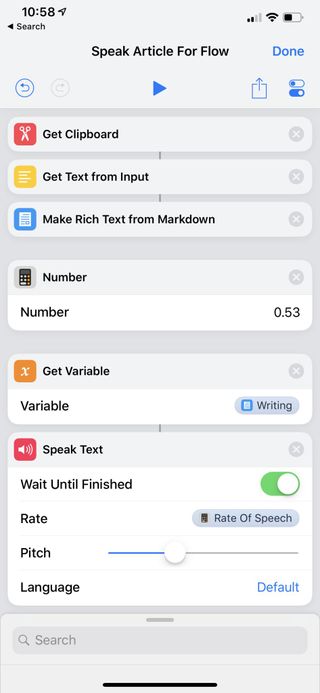 Screenshot showing the Shortcuts app getting the clipboard, making rich text from makrdown, a Number action set to 0.53, a Get Variable action to get the rich text, and then Speak Text with the Number set to the Rate value.