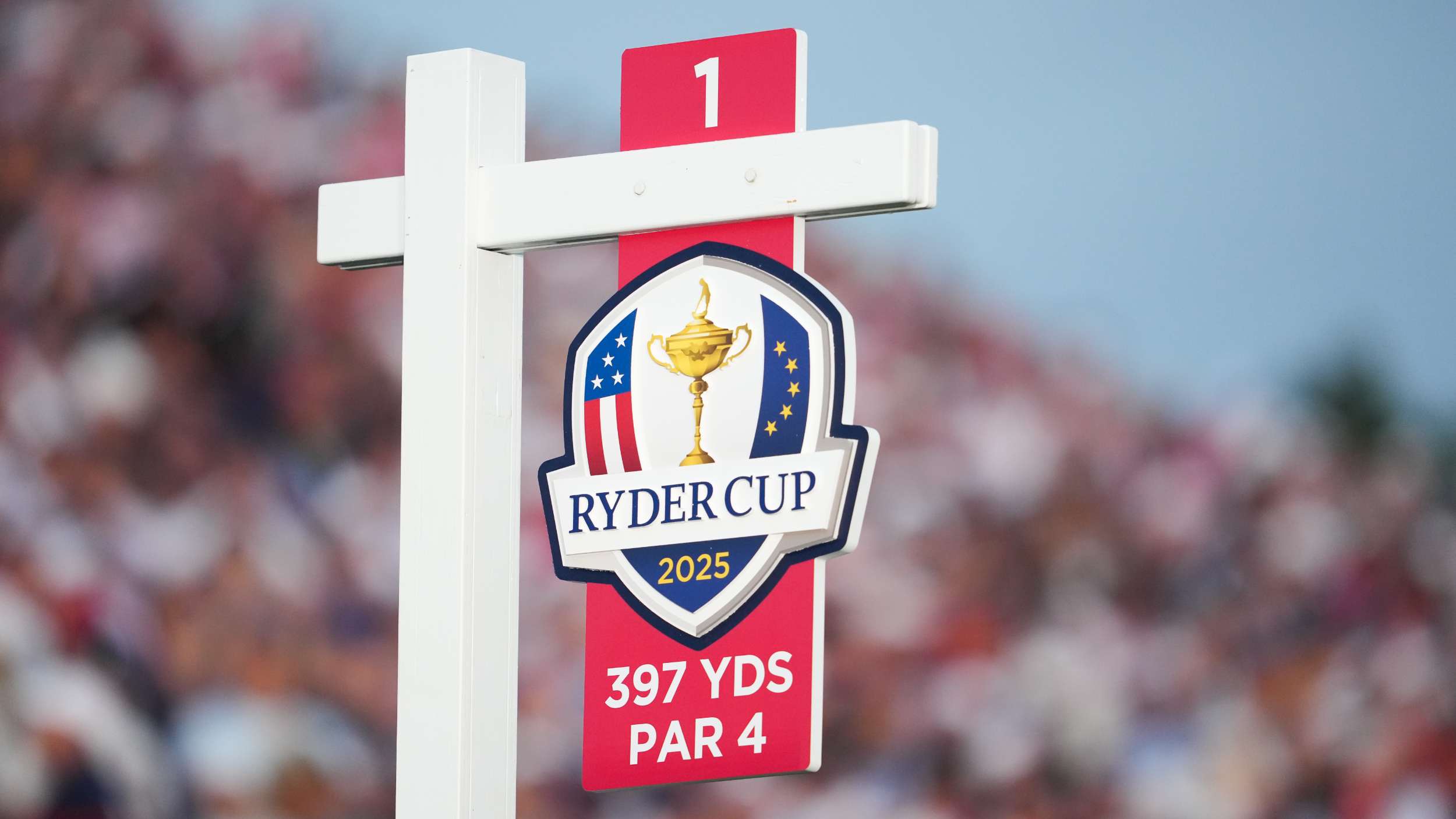 The first tee box sign at the Ryder Cup 