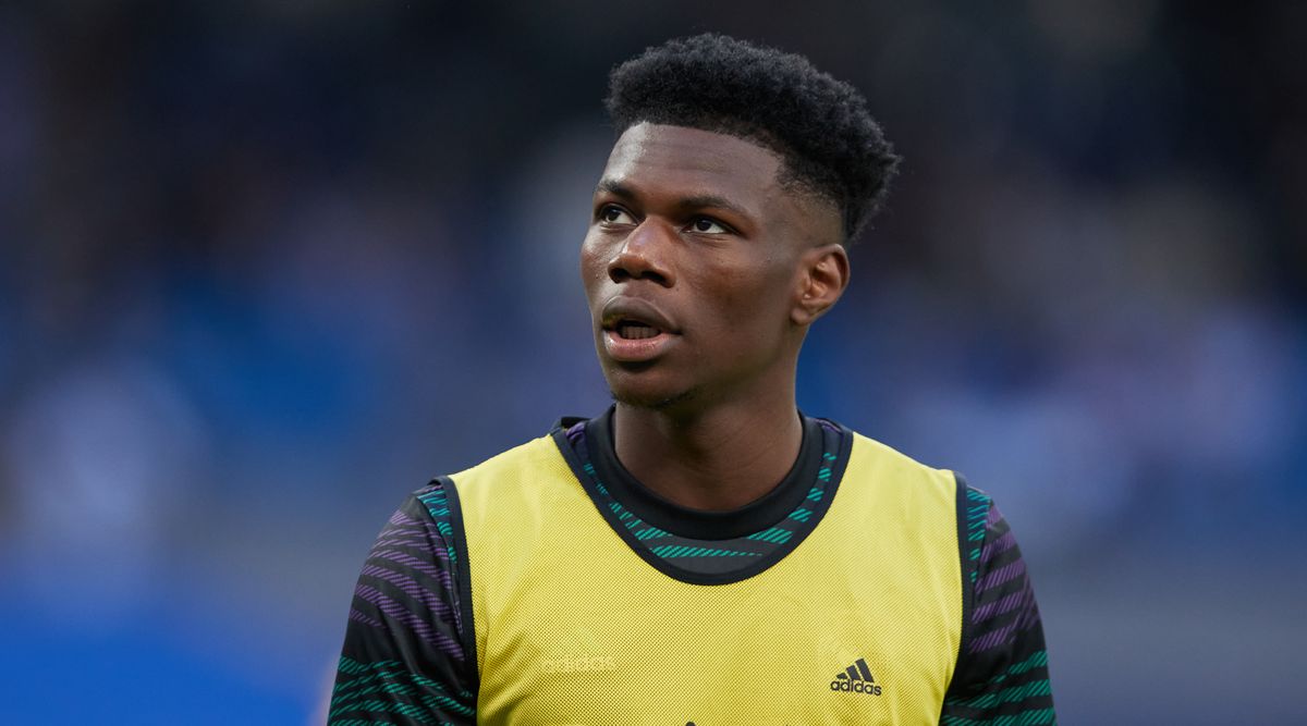 Liverpool rumoured transfer target Aurelien Tchouameni of Real Madrid warms up ahead of the La Liga match between Real Madrid and Espanyol at the Santiago Bernabeu on March 11, 2023 in Madrid, Spain.