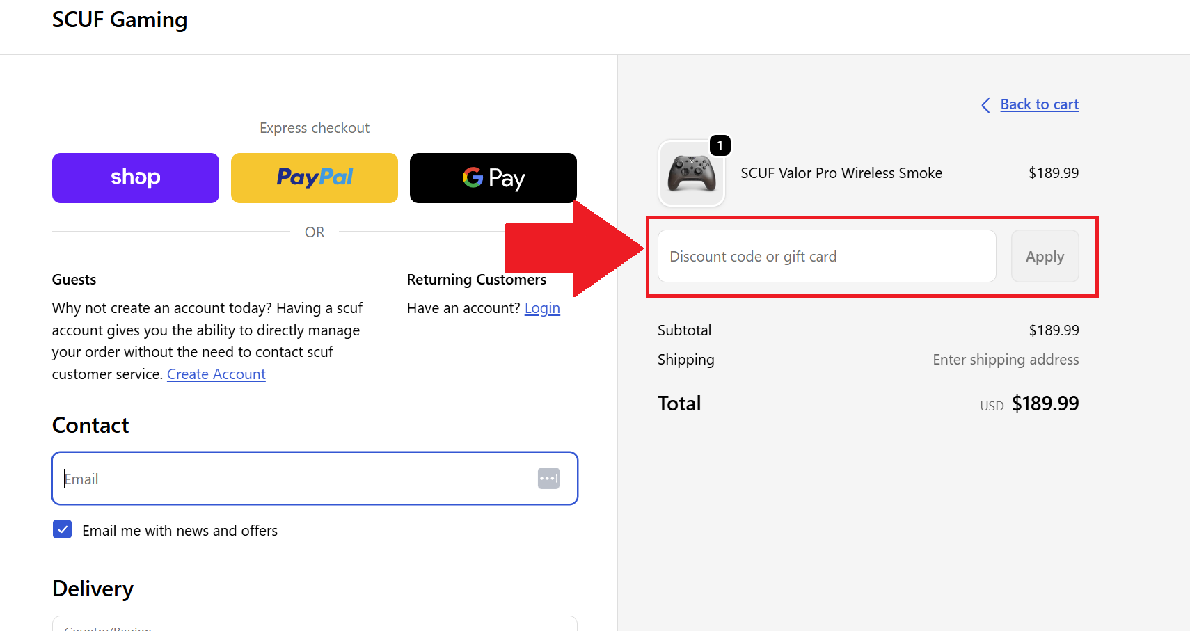 A screenshot of the scuf checkout page showing where to enter a scuf promo code