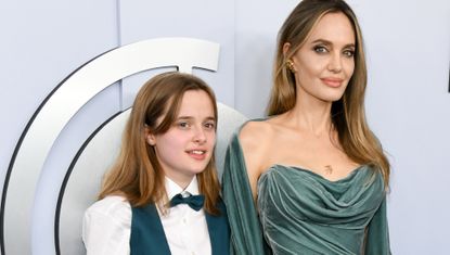 angelina jolie and her daughter on the 2024 tonys red carpet wearing a velvet corset gown