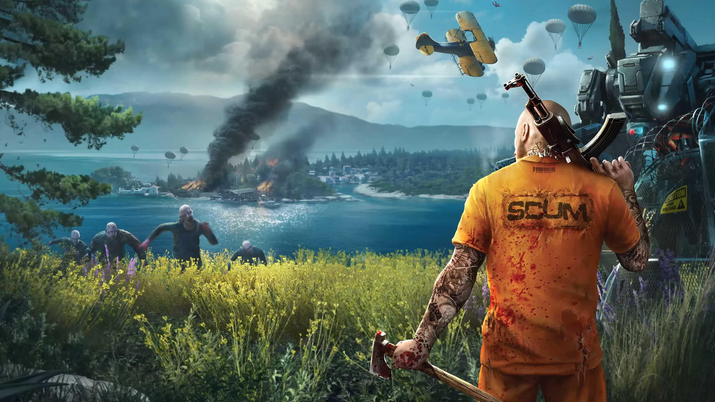 A prisoner outside holding an axe and gun while zombies approach