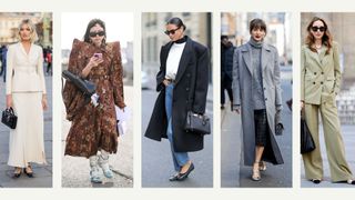 composite of five street style images from paris fashion week of people wearing ballet pumps