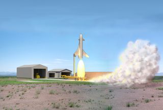 Lockheed Martin's proposal for a Reusable Booster System would glean data from this pathfinder vehicle — a vertical launch, horizontal landing craft. This illustration shows how the vehicle could launch from a ground station.
