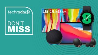 LG C2 OLED, MacBook Air, echo dot, sony earbuds and galaxy watch on a green background