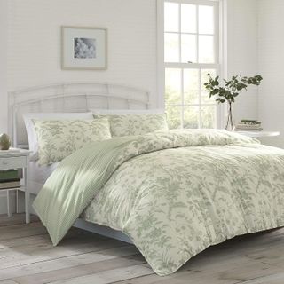 green floral and striped bedding set