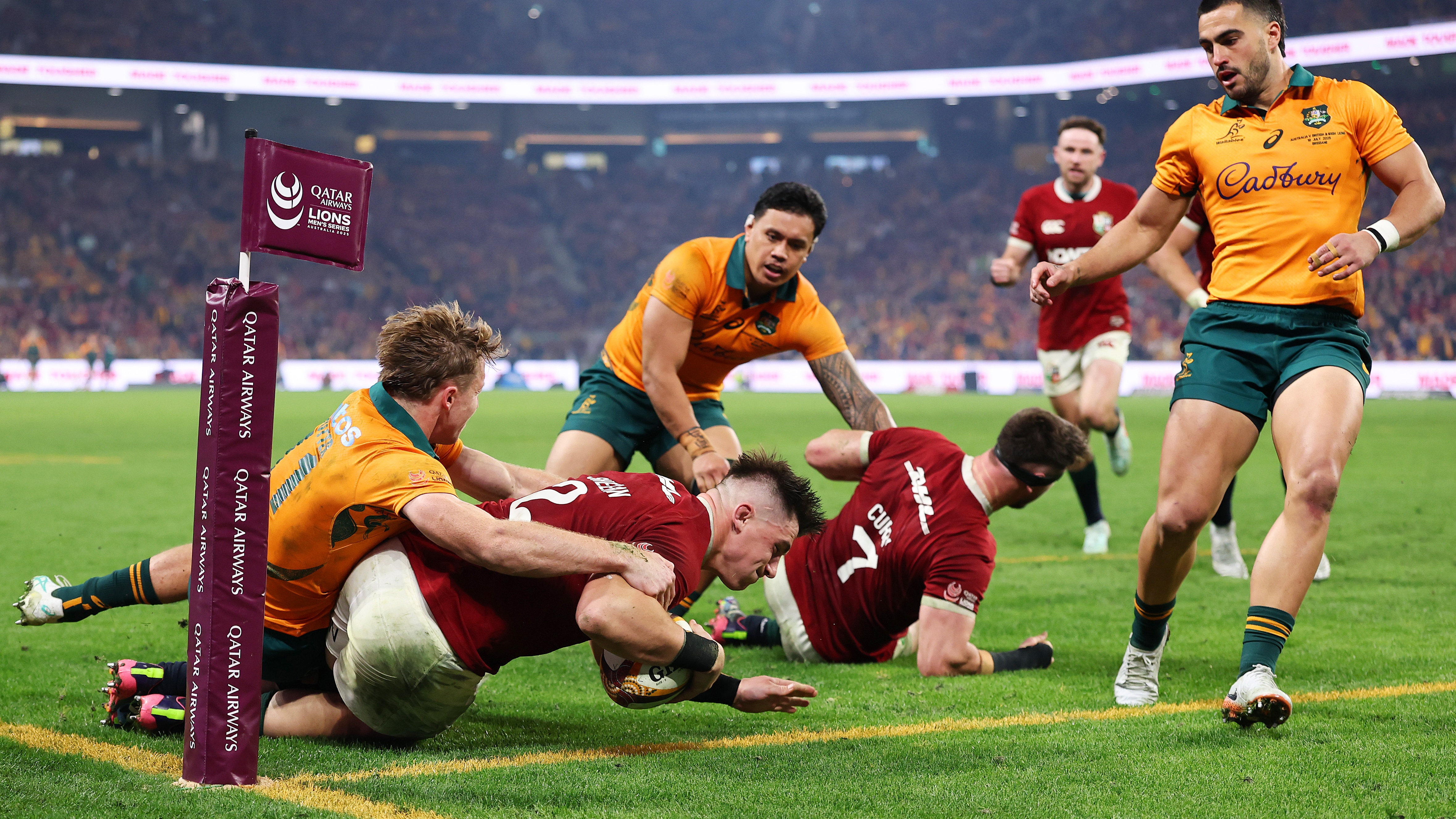 Dan Sheehan of the British and Irish Lions scores a try during game one of the series between Australia Wallabies and British &amp; Irish Lions at Suncorp Stadium on July 19, 2025 in Brisbane, Australia. 