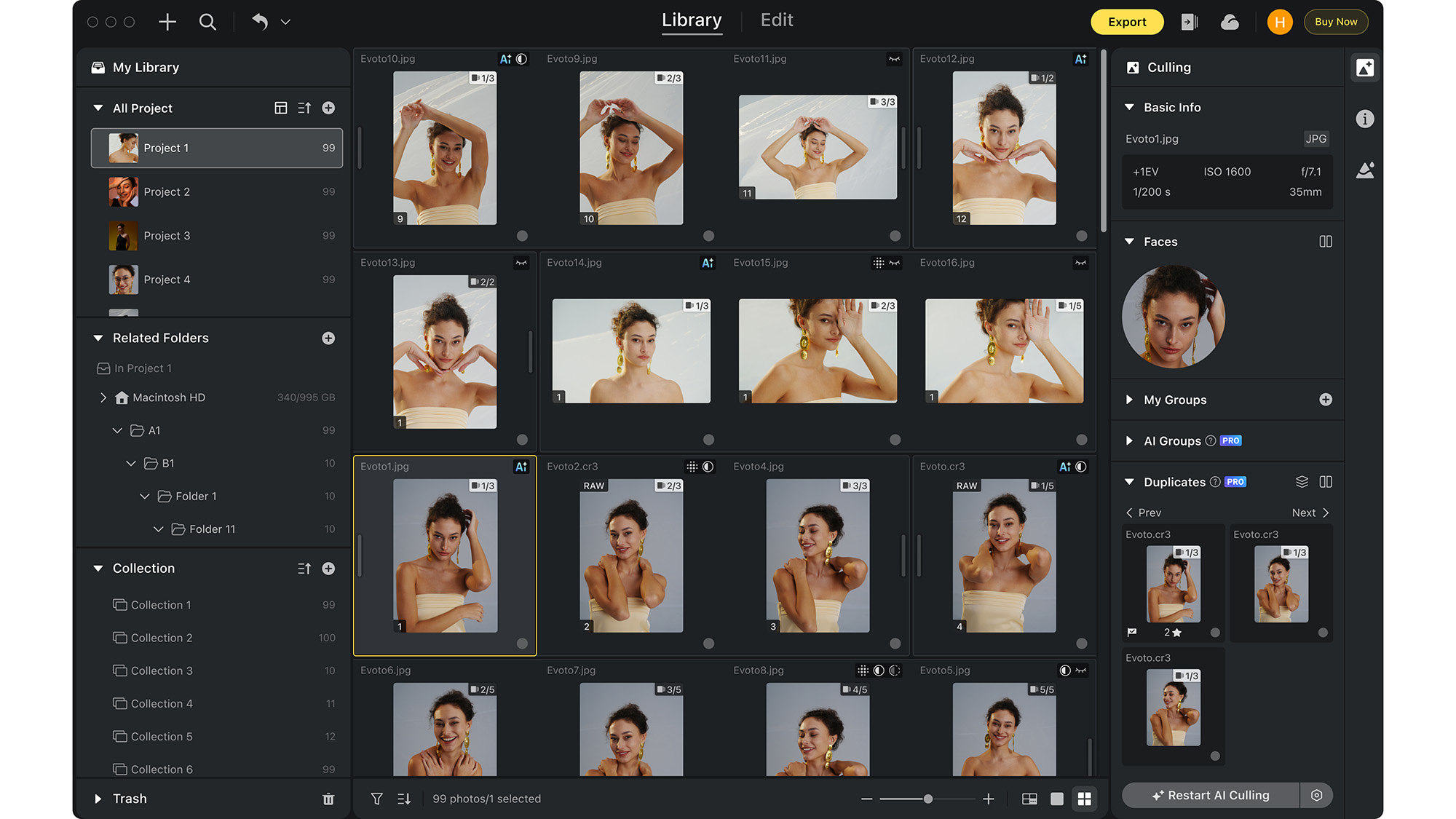 Evoto Desktop screenshot of AI Culling workflow