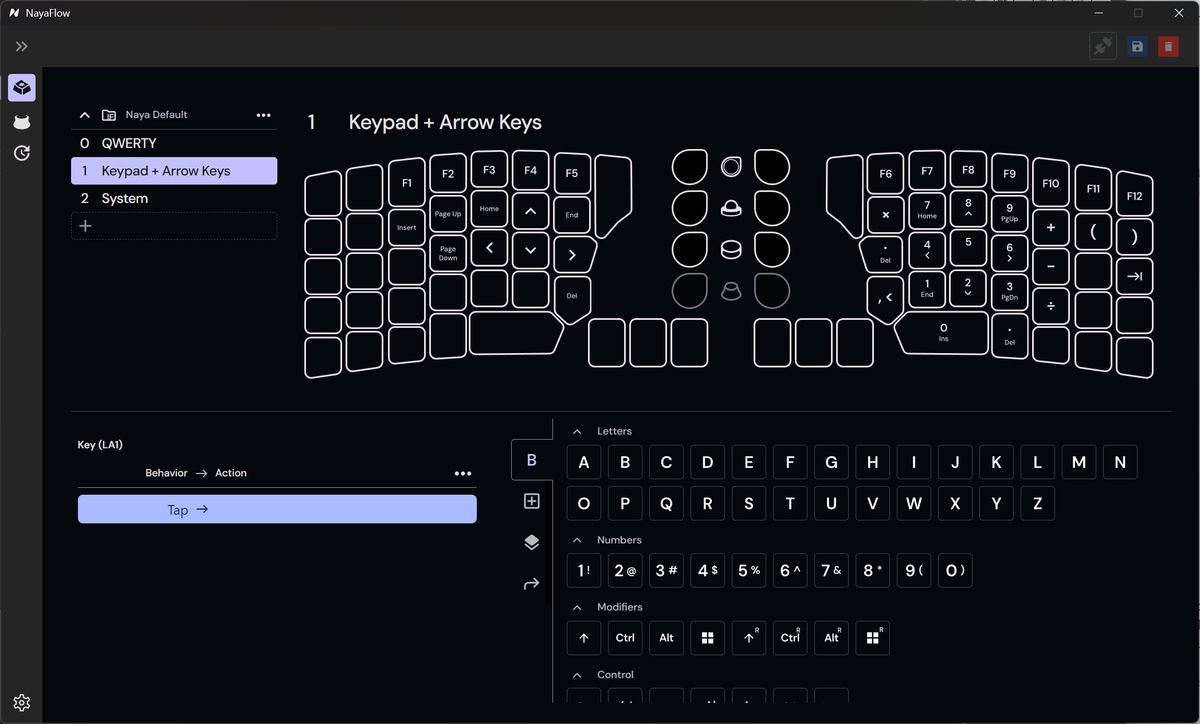 A screenshot of the early September 2025 version of the NayaFlow app for the Naya Create keyboard