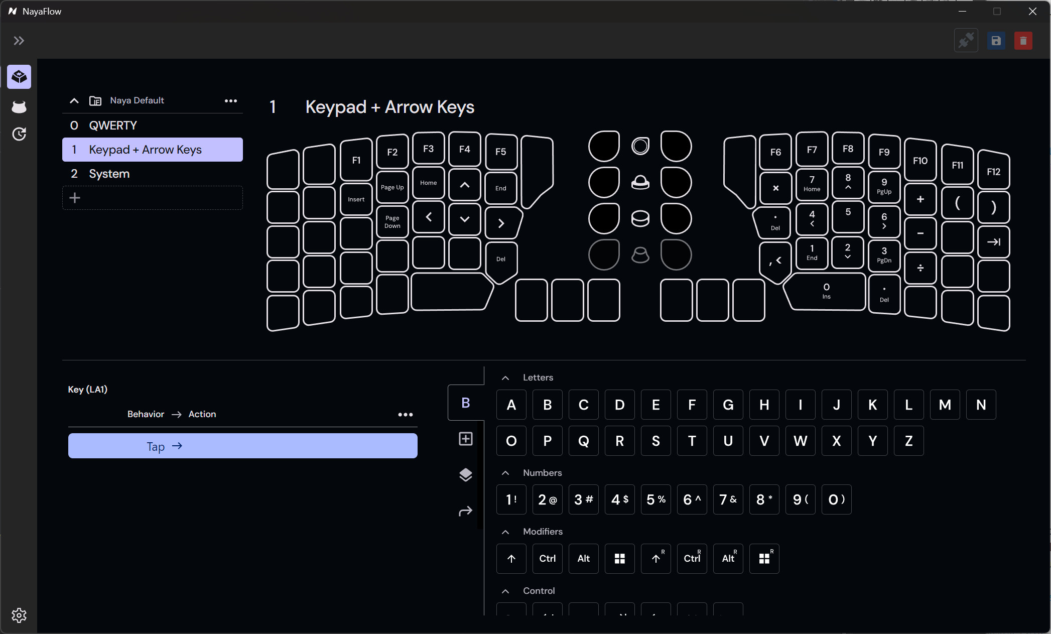 A screenshot of the early September 2025 version of the NayaFlow app for the Naya Create keyboard