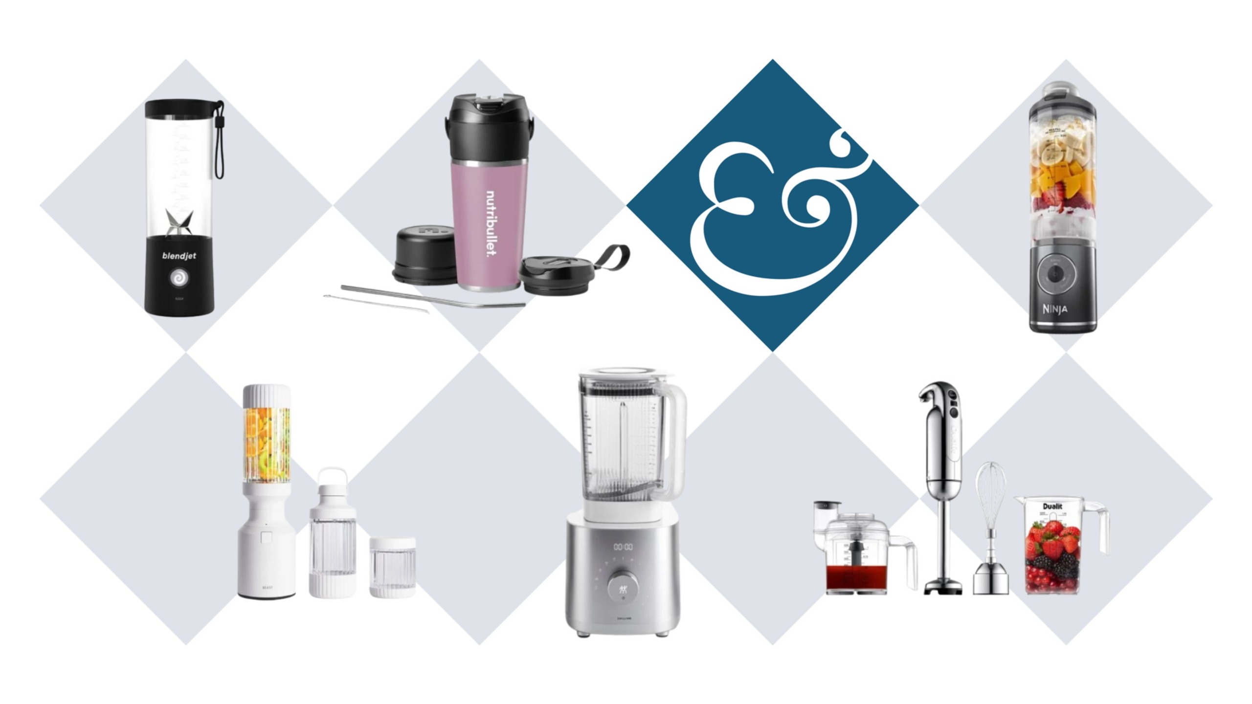 A selection of small blenders on light blue and white background, with a dark blue diamond with an &amp; in it