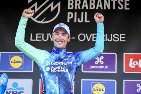 French cyclist Benoit Cosnefroy of Decathlon Ag2r La Mondiale Team celebrates on the podium after winning the Brabantse Pijl men's one day cycling race, 195,2 km from Leuven to Overijse, on April 10, 2024. (Photo by DAVID PINTENS / Belga / AFP) / Belgium OUT